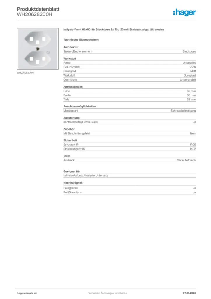 Bild Hager Produktdatenblatt WH20628300H | Hager Schweiz