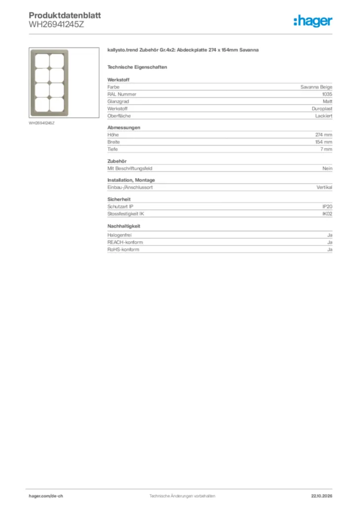 Bild Hager Produktdatenblatt WH26941245Z | Hager Schweiz