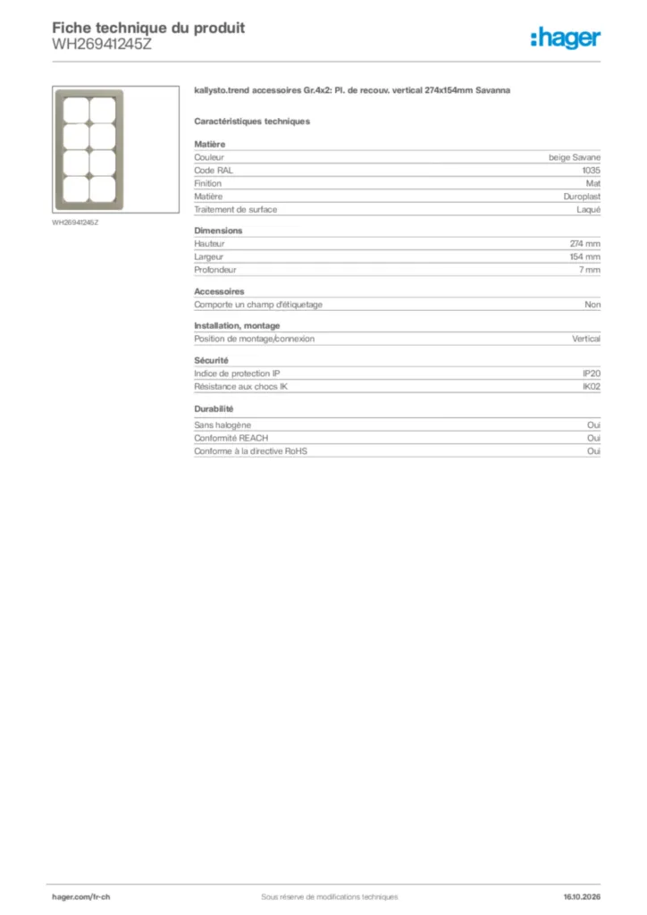 Image Hager Fiche technique du produit WH26941245Z | Hager Suisse