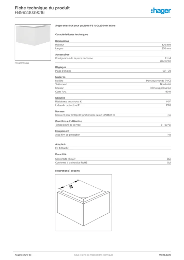 Image Hager Fiche technique du produit FB9923039016 | Hager Belgique