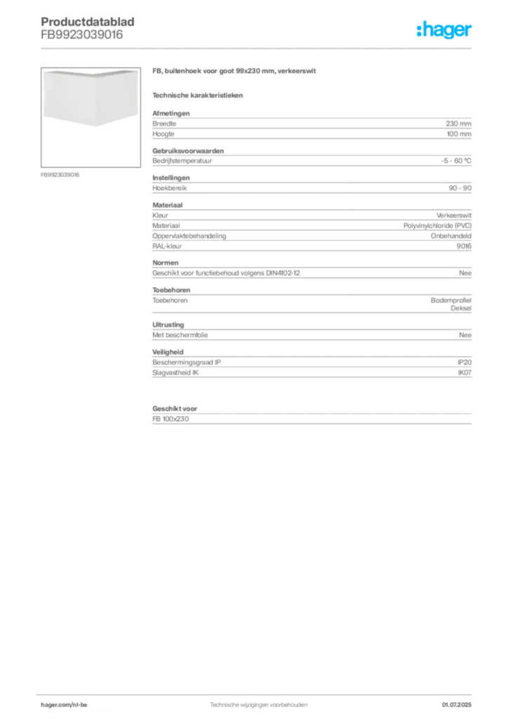 Afbeelding Hager Productdatablad FB9923039016 | Hager Belgium