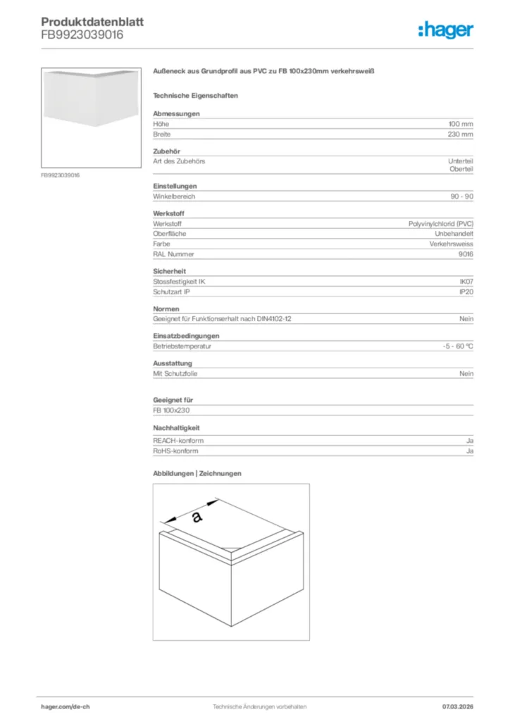Bild Hager Produktdatenblatt FB9923039016 | Hager Schweiz