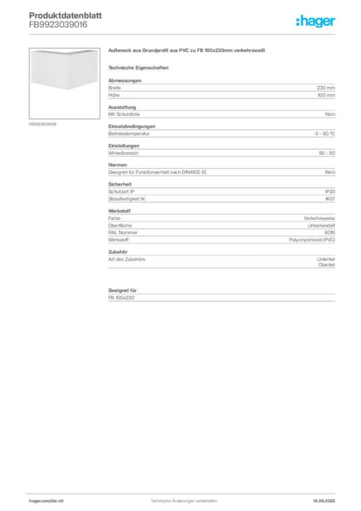 Bild Hager Produktdatenblatt FB9923039016 | Hager Schweiz