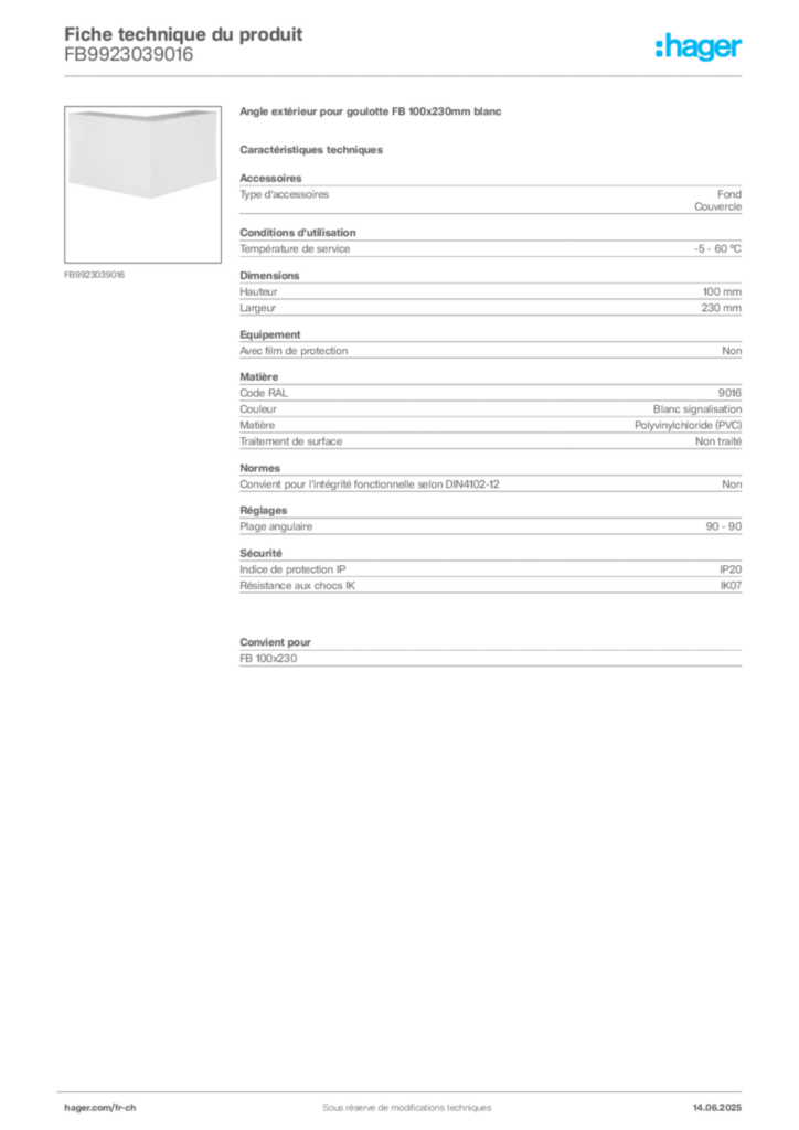 Image Hager Fiche technique du produit FB9923039016 | Hager Suisse