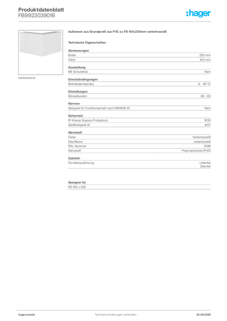 Bild Hager Produktdatenblatt FB9923039016 | Hager Deutschland