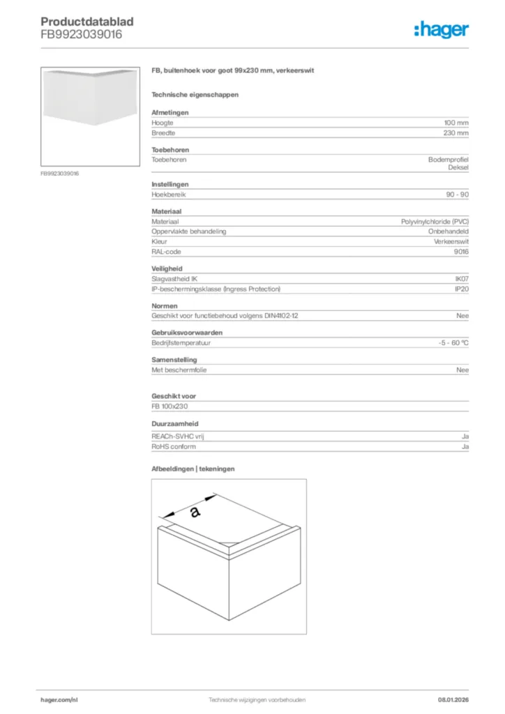 Afbeelding Hager Productdatablad FB9923039016 | Hager Nederland
