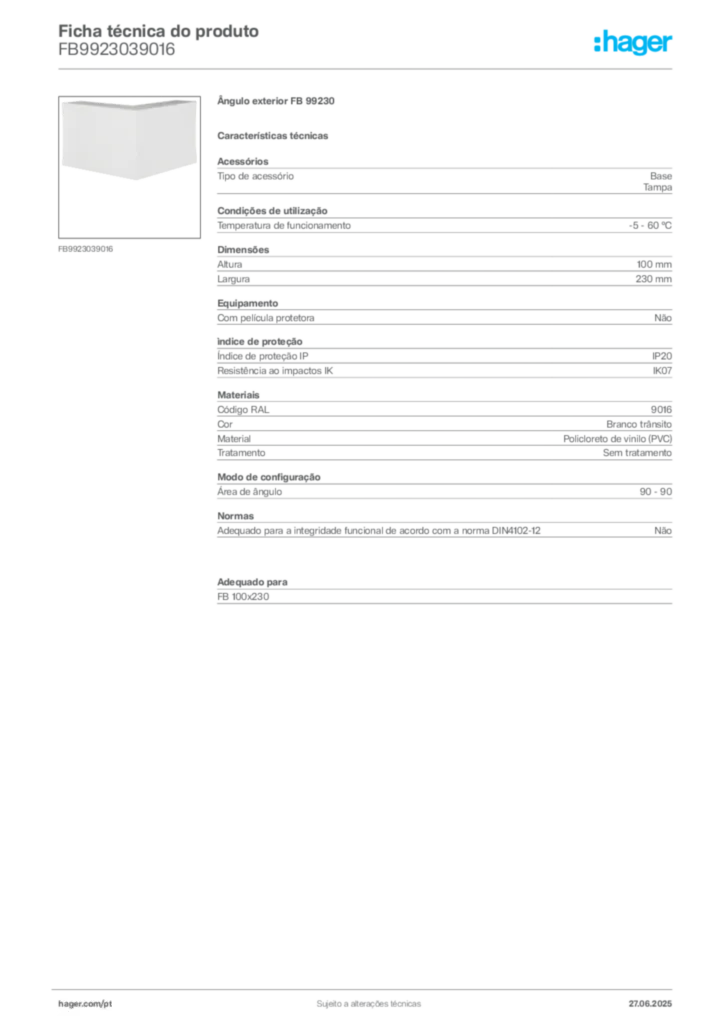 Imagem Hager Ficha técnica do produto FB9923039016 | Hager Portugal