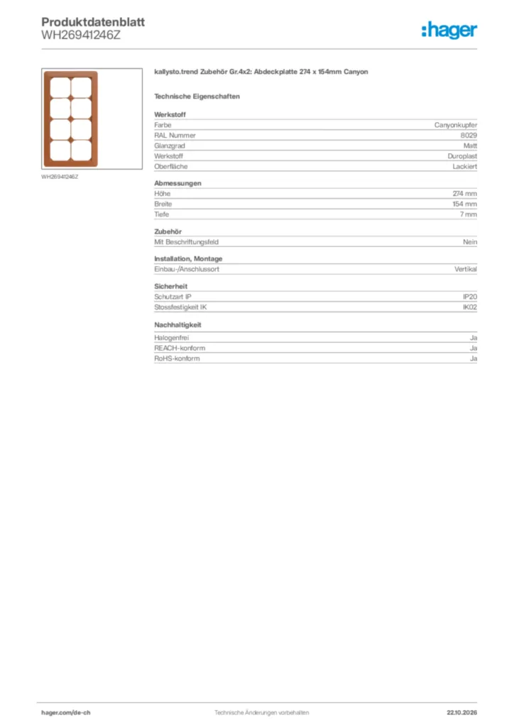 Bild Hager Produktdatenblatt WH26941246Z | Hager Schweiz