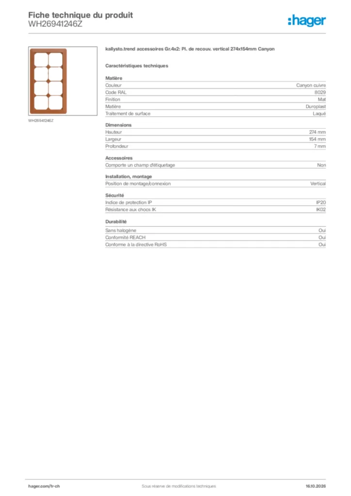 Image Hager Fiche technique du produit WH26941246Z | Hager Suisse