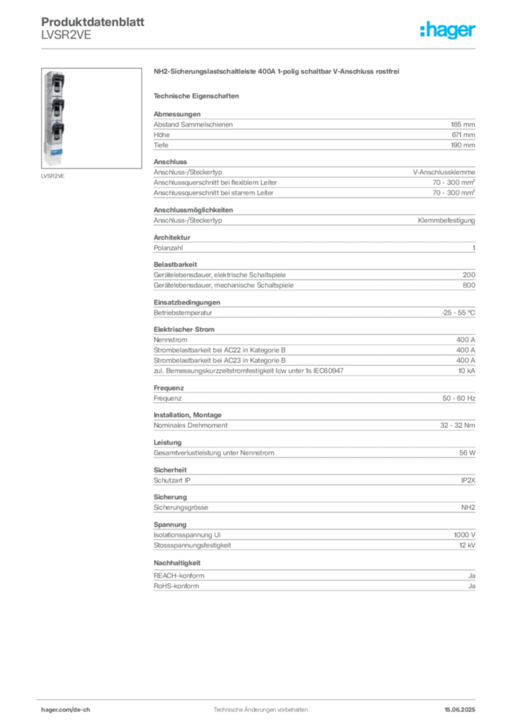 Bild Hager Produktdatenblatt LVSR2VE | Hager Schweiz