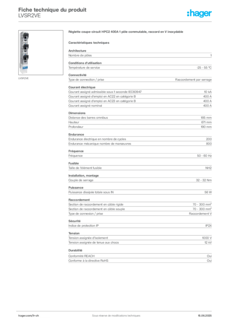 Image Hager Fiche technique du produit LVSR2VE | Hager Suisse