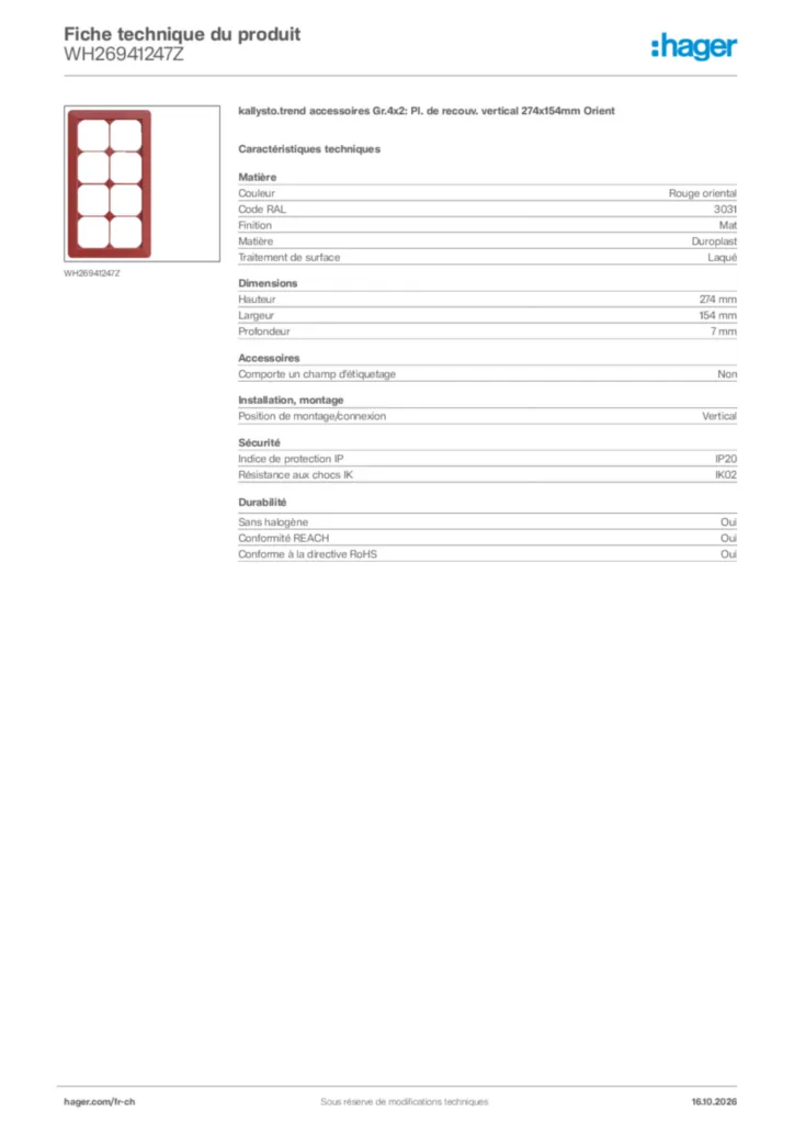 Image Hager Fiche technique du produit WH26941247Z | Hager Suisse