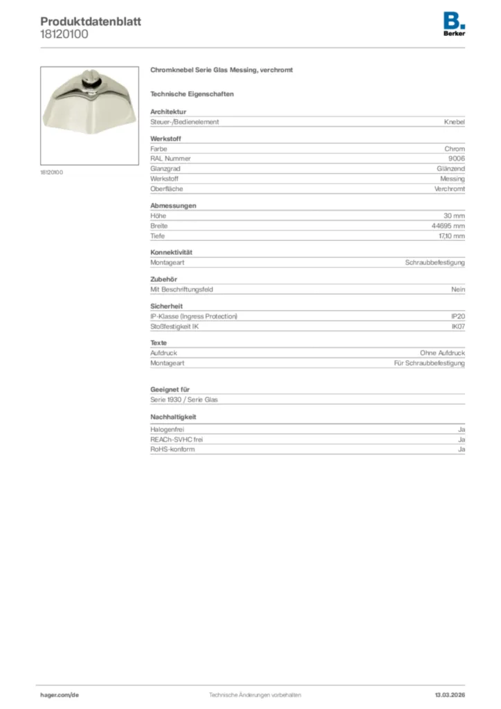 Bild Berker Produktdatenblatt 18120100 | Hager Deutschland