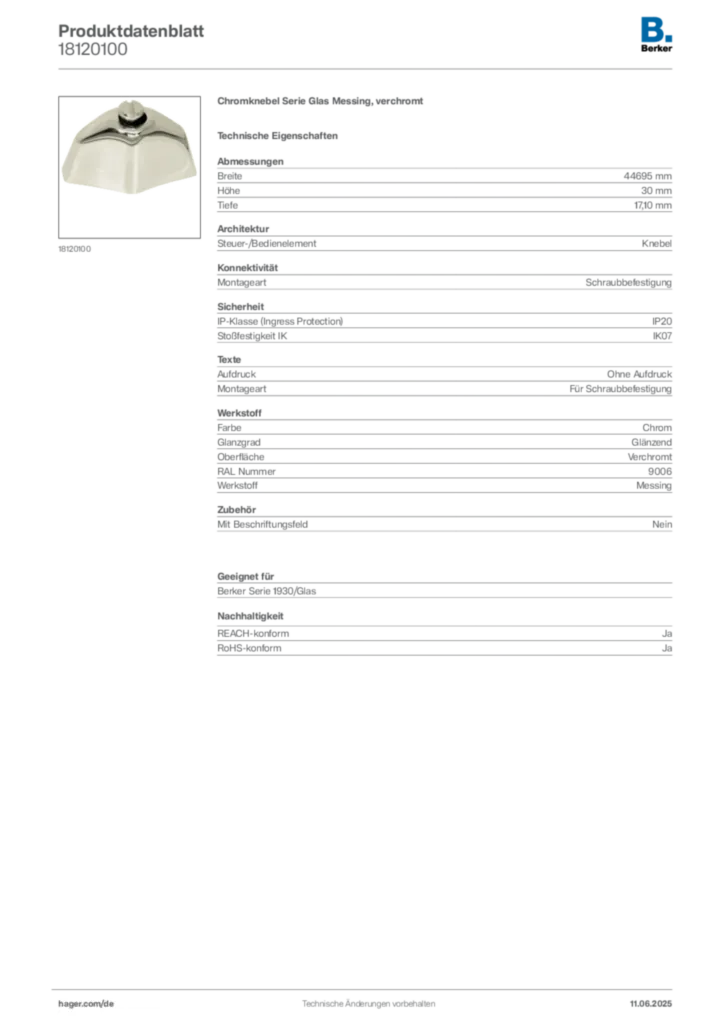 Bild Berker Produktdatenblatt 18120100 | Hager Deutschland