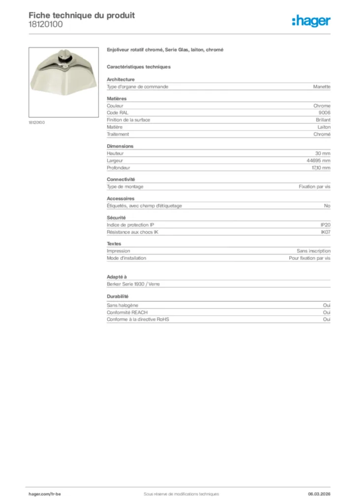 Image Hager Fiche technique du produit 18120100 | Hager Belgique