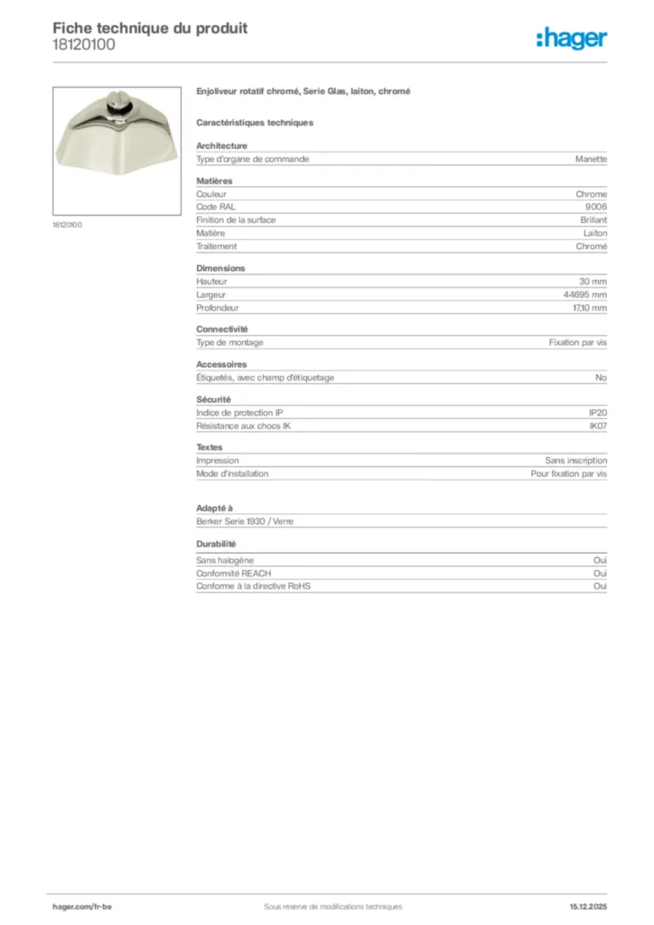 Image Hager Fiche technique du produit 18120100 | Hager Belgique