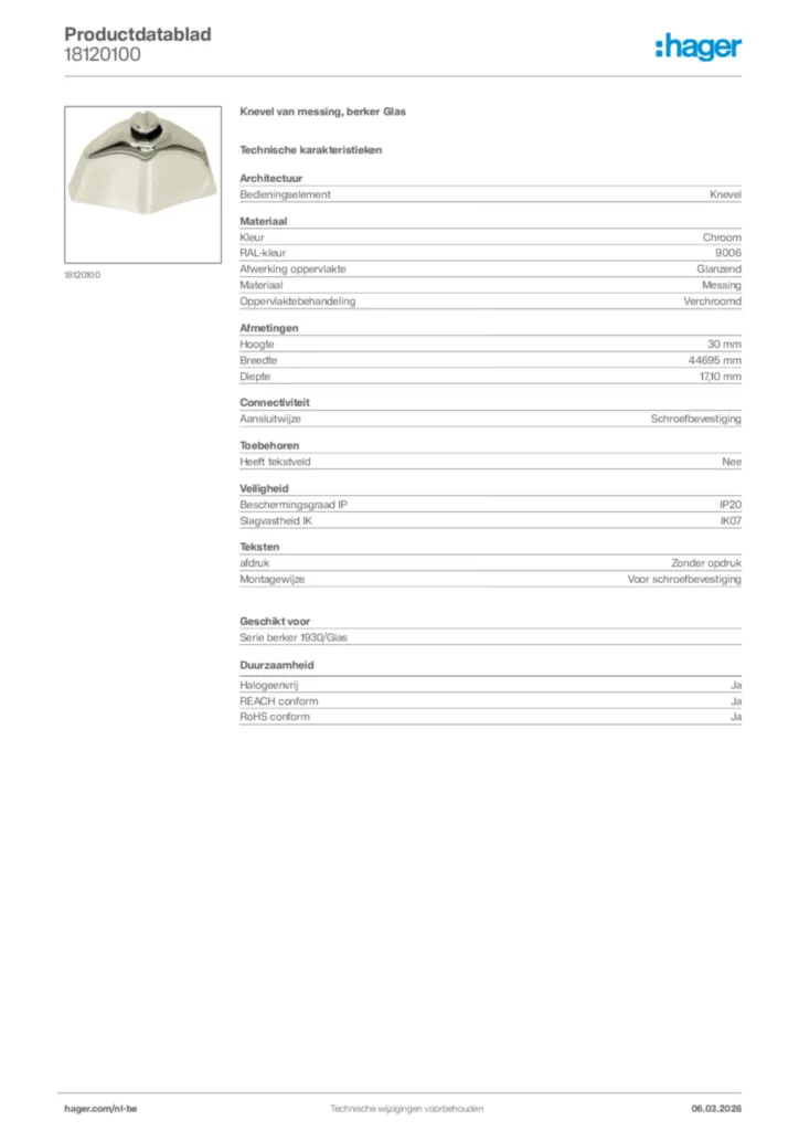 Afbeelding Hager Productdatablad 18120100 | Hager Belgium