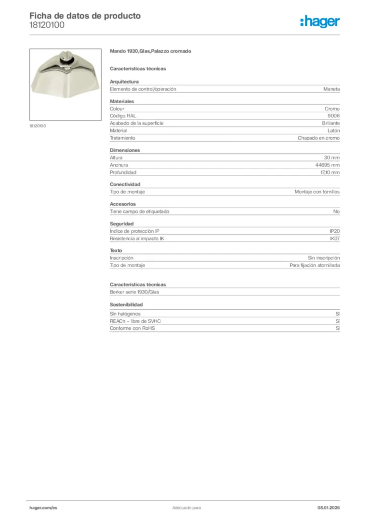 Imagen Hager Ficha de datos de producto 18120100 | Hager España