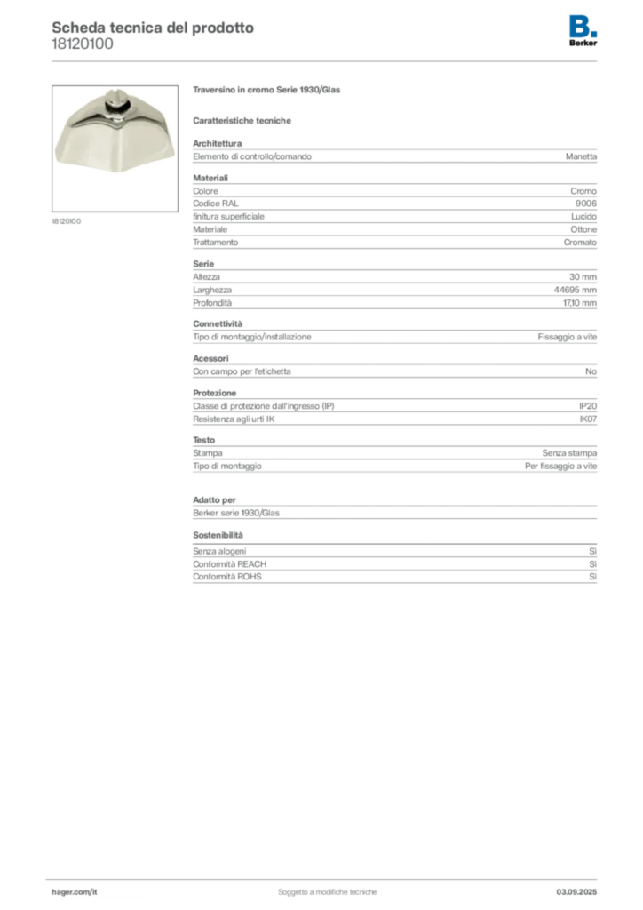 Immagine Berker Scheda tecnica del prodotto 18120100 | Hager Italia