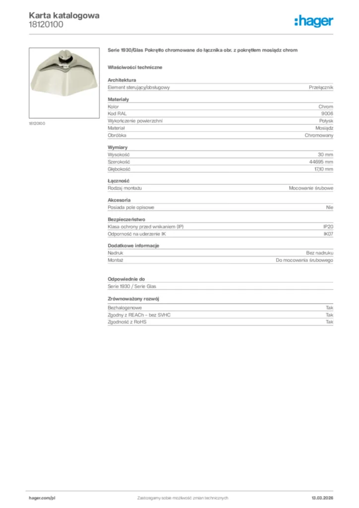 Zdjęcie Hager Karta katalogowa 18120100 | Hager Polska