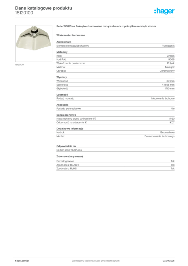 Zdjęcie Hager Karta katalogowa 18120100 | Hager Polska