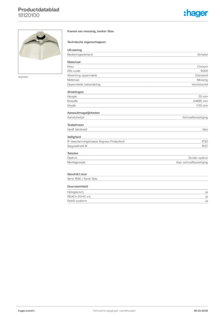 Afbeelding Hager Productdatablad 18120100 | Hager Nederland