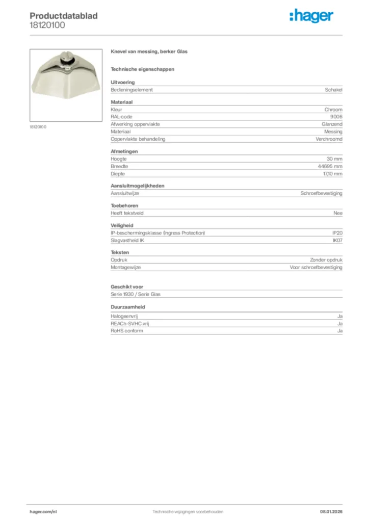 Afbeelding Hager Productdatablad 18120100 | Hager Nederland