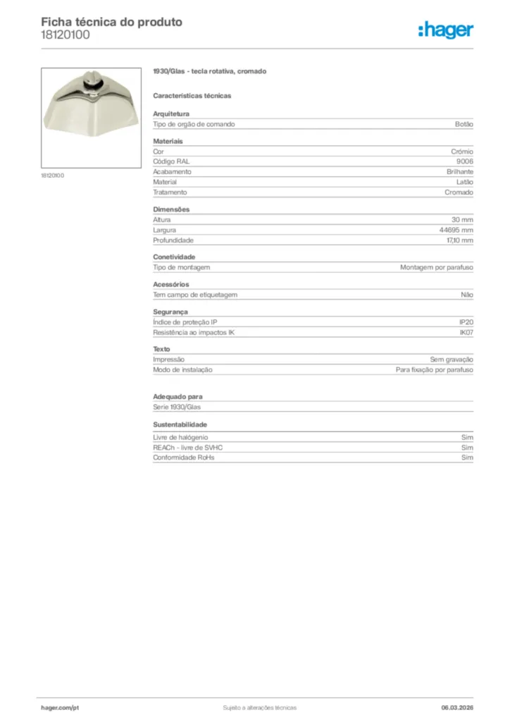 Imagem Hager Ficha técnica do produto 18120100 | Hager Portugal