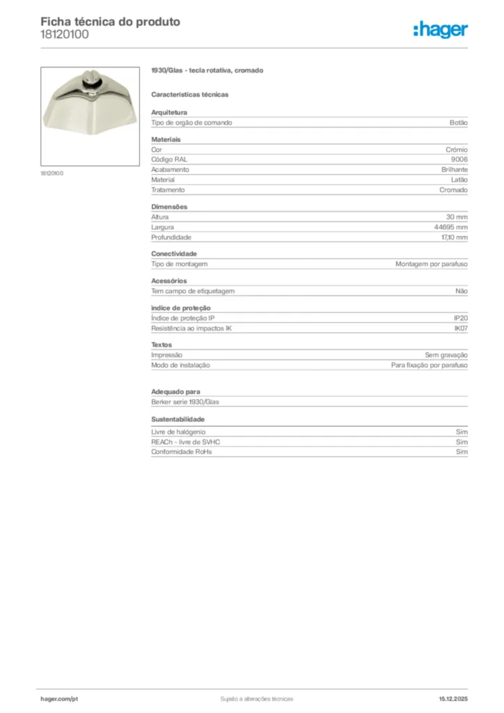Imagem Hager Ficha técnica do produto 18120100 | Hager Portugal