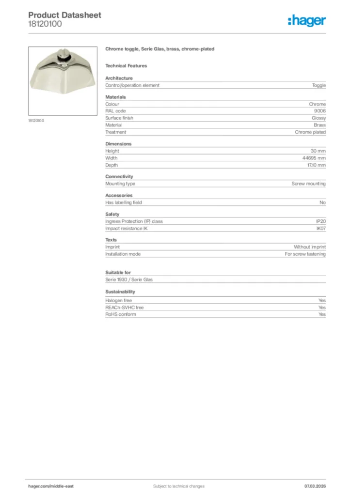 Image Hager Product data sheet 18120100  | Hager
