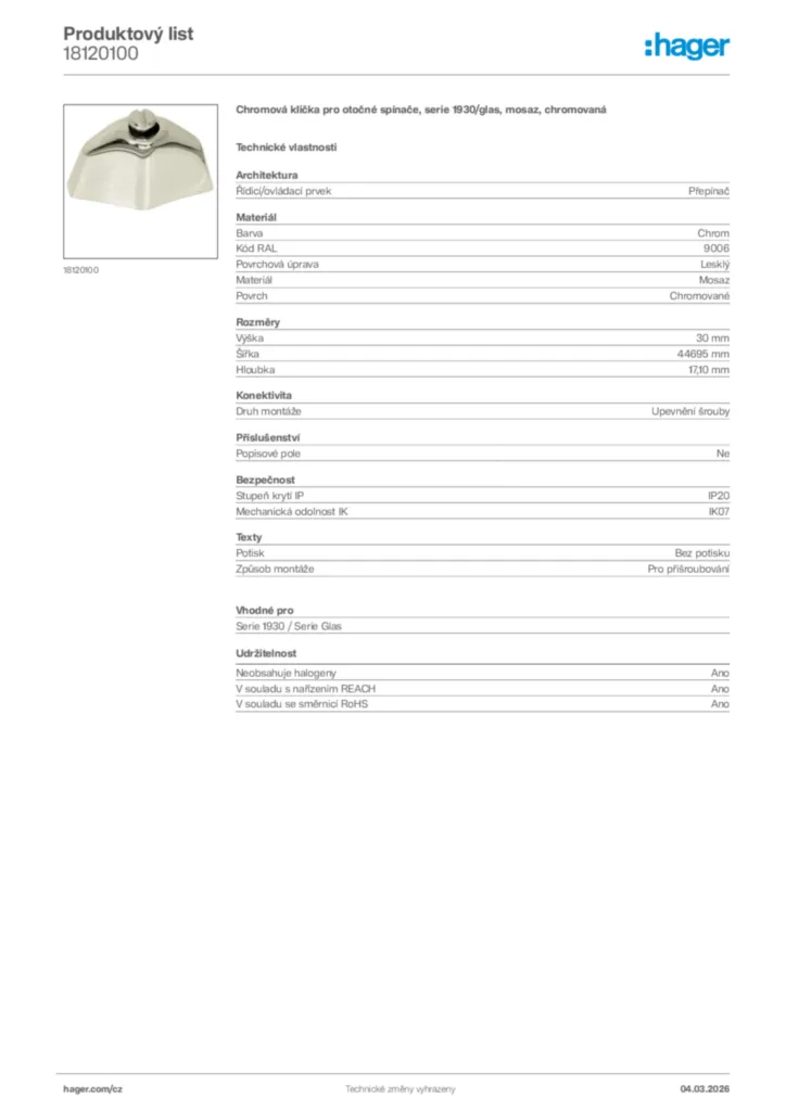 Obrázek Hager Product data sheet 18120100 | Hager