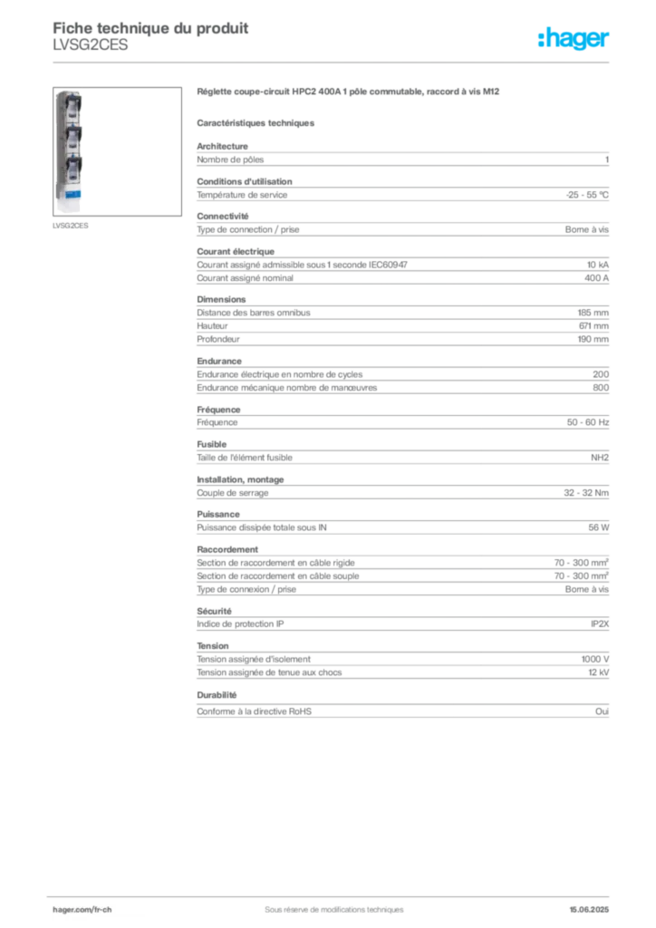Image Hager Fiche technique du produit LVSG2CES | Hager Suisse