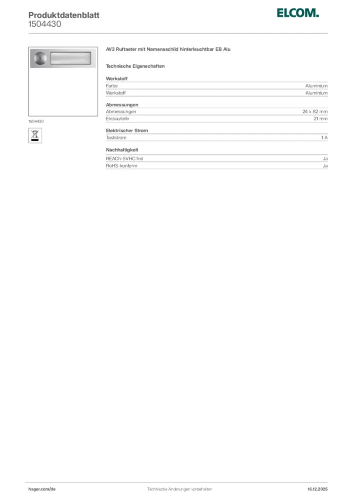 Bild Elcom Produktdatenblatt 1504430 | Hager Deutschland