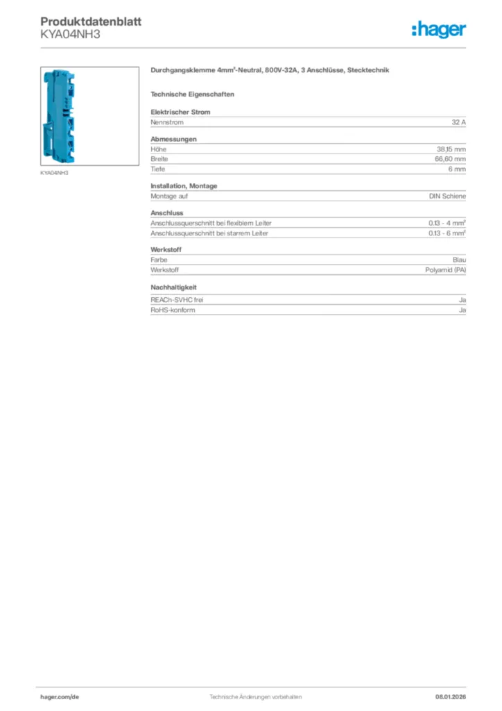 Bild Hager Produktdatenblatt KYA04NH3 | Hager Deutschland