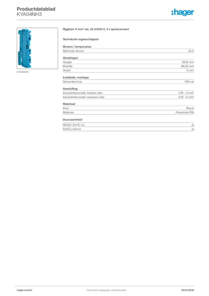 Afbeelding Hager Productdatablad KYA04NH3 | Hager Nederland