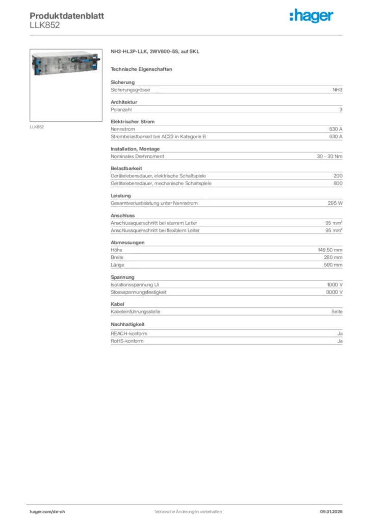 Bild Hager Produktdatenblatt LLK852 | Hager Schweiz