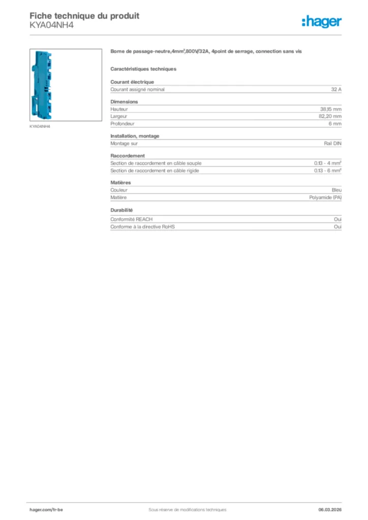 Image Hager Fiche technique du produit KYA04NH4 | Hager Belgique