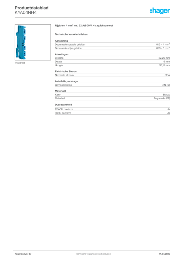 Afbeelding Hager Productdatablad KYA04NH4 | Hager Belgium