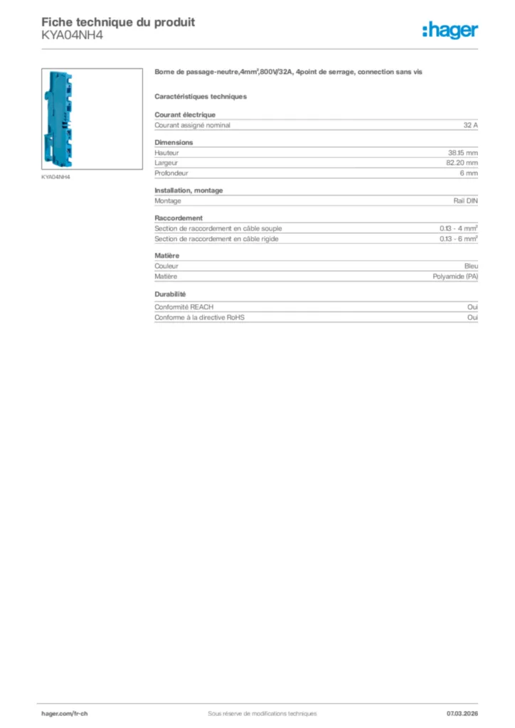 Image Hager Fiche technique du produit KYA04NH4 | Hager Suisse