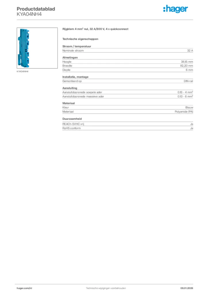 Afbeelding Hager Productdatablad KYA04NH4 | Hager Nederland