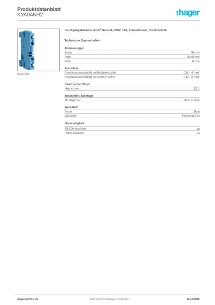 Bild Hager Produktdatenblatt KYA04NH2 | Hager Schweiz