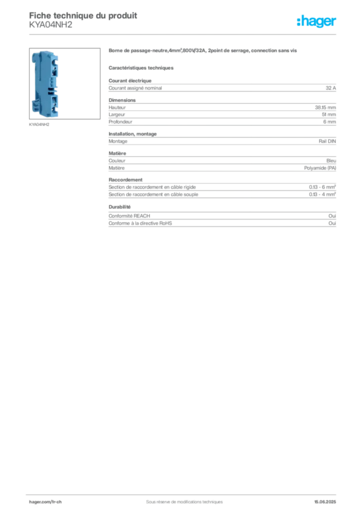 Image Hager Fiche technique du produit KYA04NH2 | Hager Suisse
