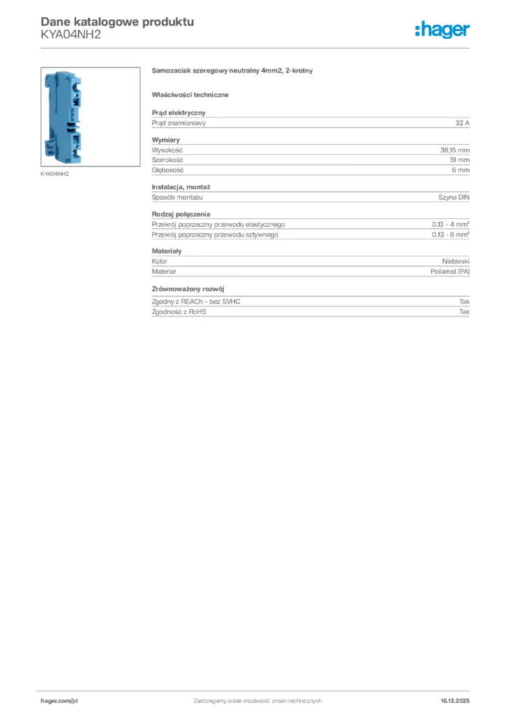 Zdjęcie Hager Karta katalogowa KYA04NH2 | Hager Polska