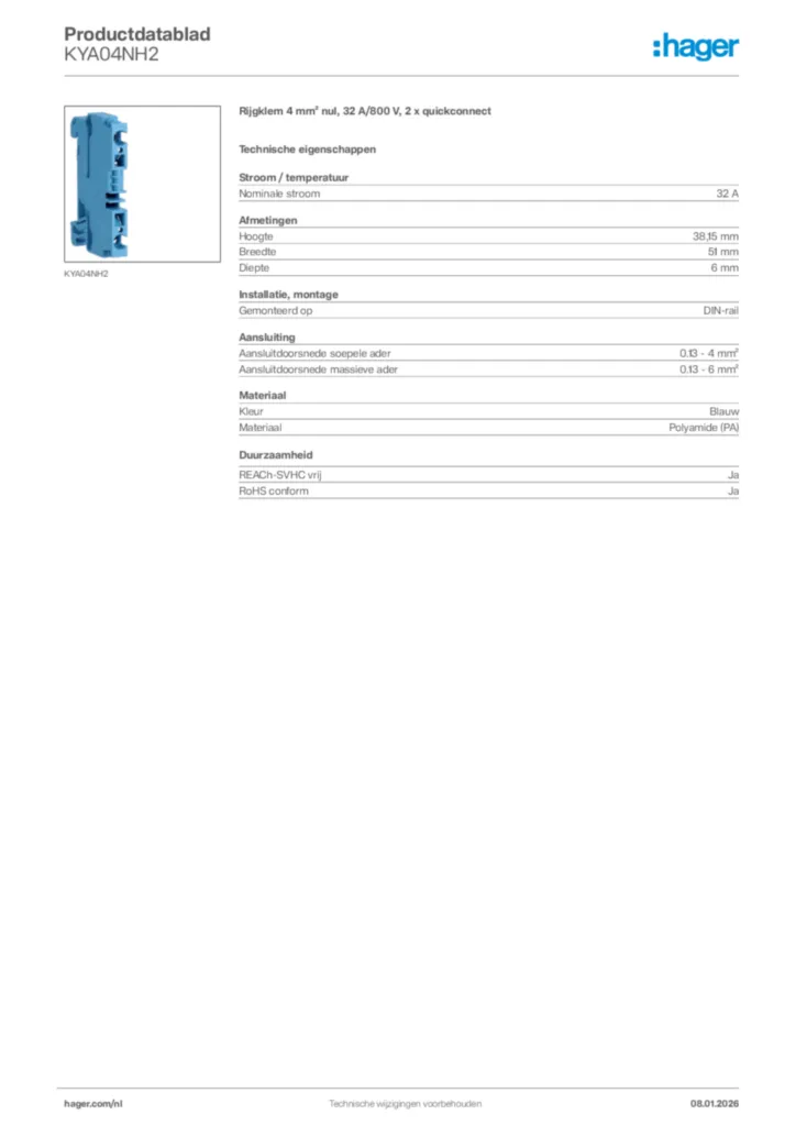 Afbeelding Hager Productdatablad KYA04NH2 | Hager Nederland