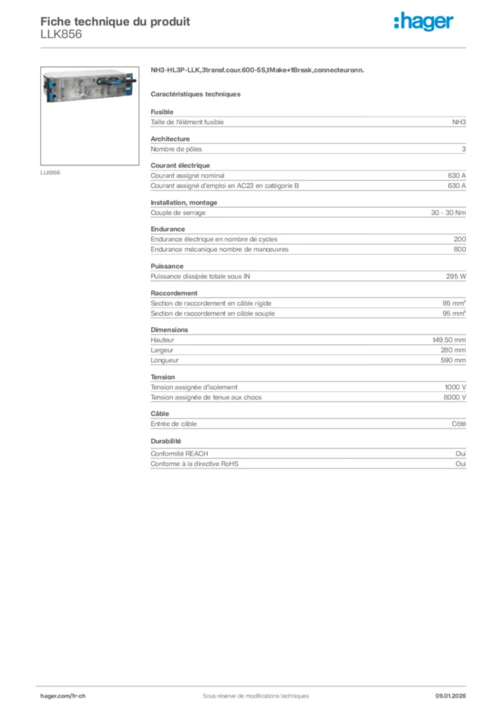 Image Hager Fiche technique du produit LLK856 | Hager Suisse