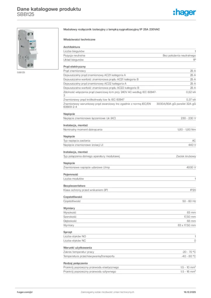 Zdjęcie Hager Karta katalogowa SBB125 | Hager Polska