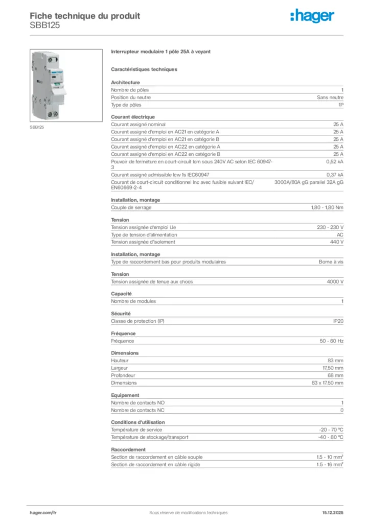 Image Hager Fiche technique du produit SBB125 | Hager France