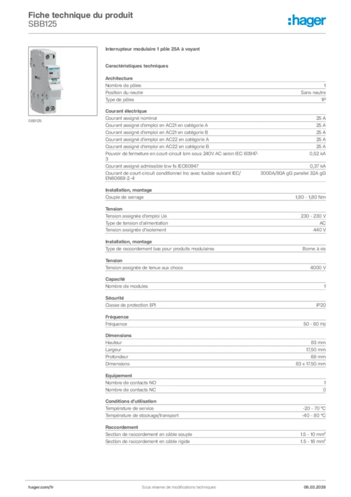 Image Hager Fiche technique du produit SBB125 | Hager France