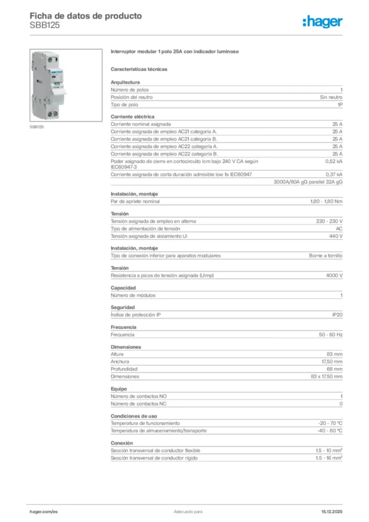 Imagen Hager Ficha de datos de producto SBB125 | Hager España