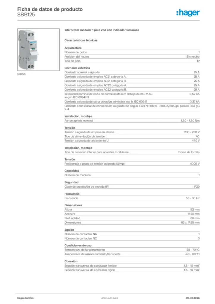 Imagen Hager Ficha de datos de producto SBB125 | Hager España